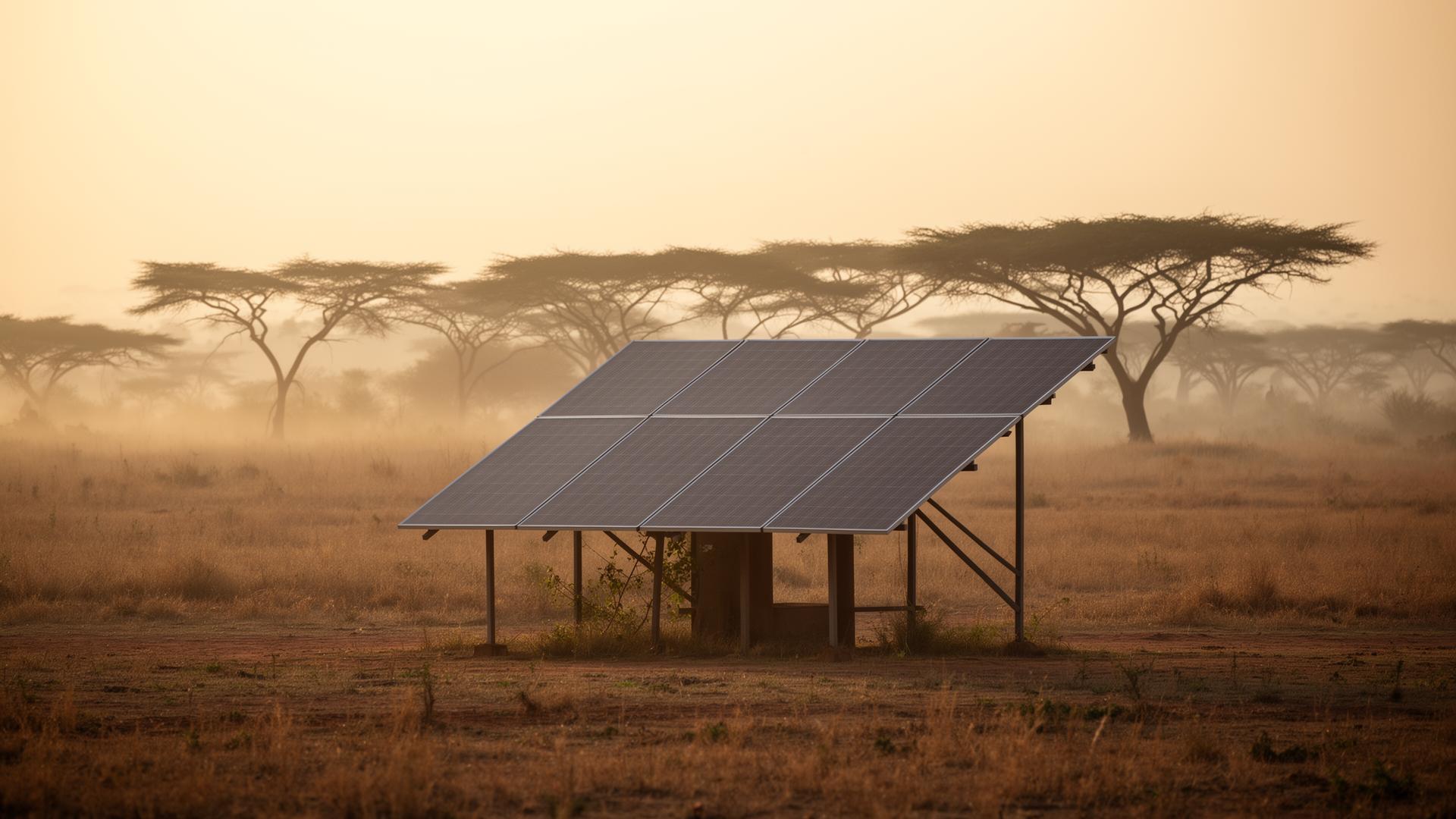 Solar array at dawn in the East African savanna